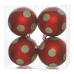 4.7 Inch Red And Lime Polka Dot Glitter Ball 4 per Set