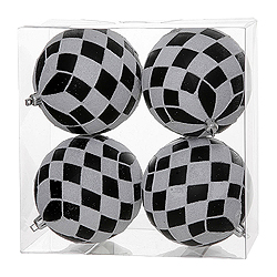 4 Inch Black And White Diamond Glitter Round Shatterproof UV Christmas Ball Ornament 4 per Set