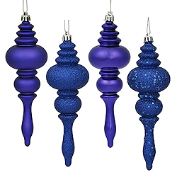 7 Inch Cobalt Blue Finial Assorted Finishes Christmas Ornament Shatterproof Set of 8