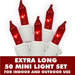 50 Red Mini Incandescent Christmas Light Set White Wire