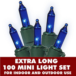 100 Mini Blue Extra Long Christmas Light Set With Lamp Locks Green Wire