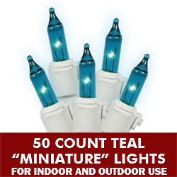 50 Incandescent Mini Teal Extra Long Christmas Light Set White Wire