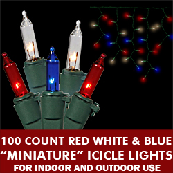100 Patriotic Red White and Blue Incandescent Icicle Set - Green Wire