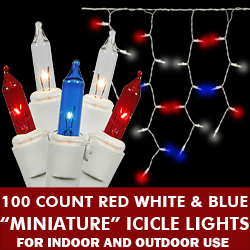 100 Patriotic Red White and Blue Incandescent Mini Icicle Light Set - White Wire
