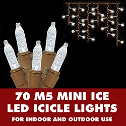 70 Warm White LED M5 Mini Ice Christmas Icicle Lights Brown Wire