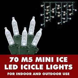 70 Polar White LED M5 Mini Ice Christmas Icicle Lights Green Wire