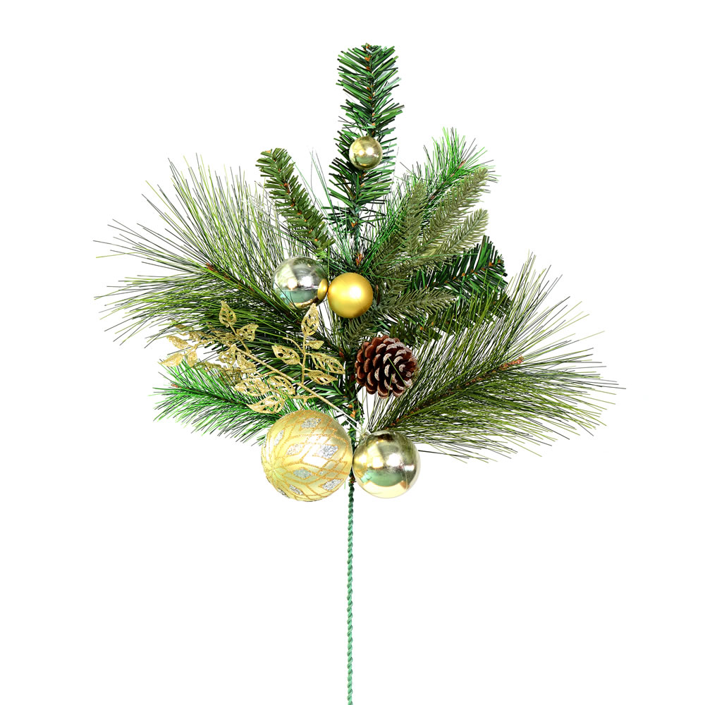 Christmastopia.com 24 Inch Mixed Green Pine Gold Platinum Ornaments Decorative Artificial Christmas Spray