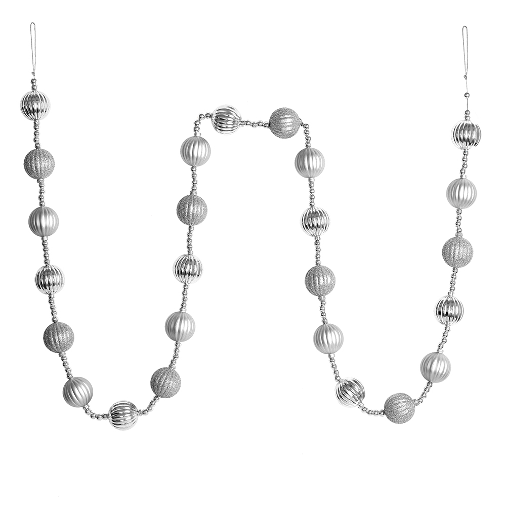 6 Foot Silver Stripe Ball Ornament Garland Shatterproof Assorted Finishes