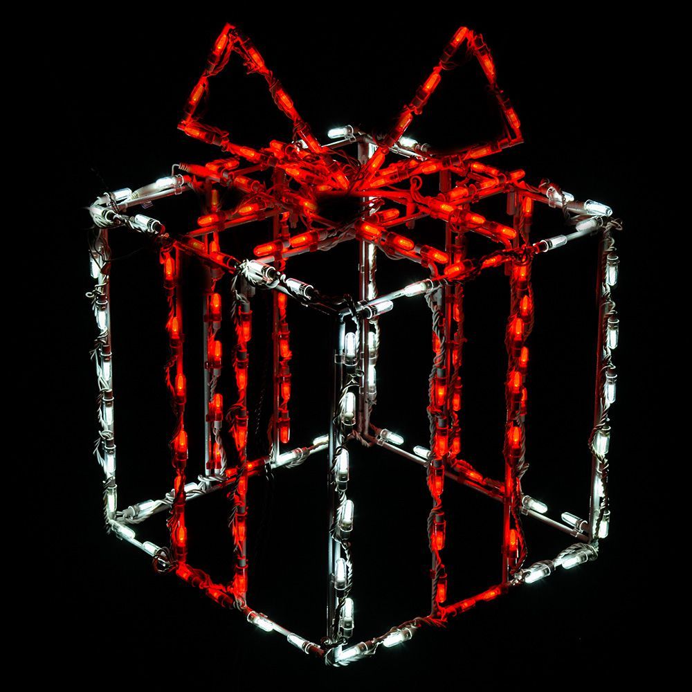 3D White Christmas Gift Box With Red Bow LED Lighted Outdoor Christmas Decoration