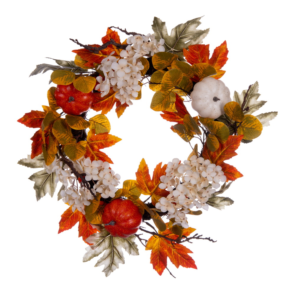 22 Inch Pumpkin Hydrangea Artificial Harvest Wreath Unlit