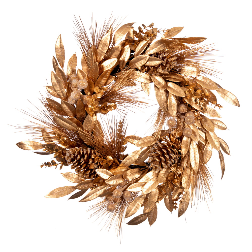 24 Inch Gold Pinecone Needle Berry Artificial Harvest Wreath Unlit