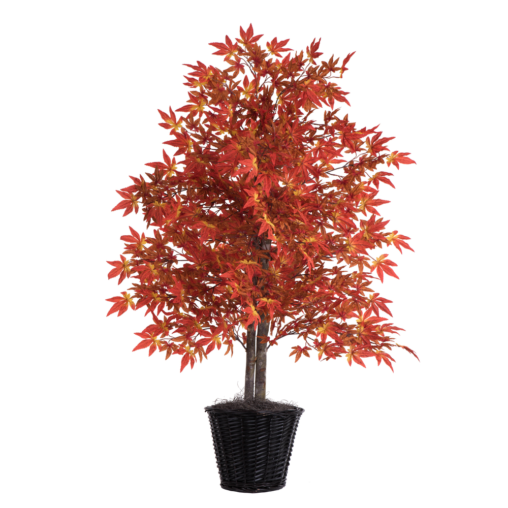 4 Foot Orange Maple Artificial Autumn Bush in Decorative Rattan Basket