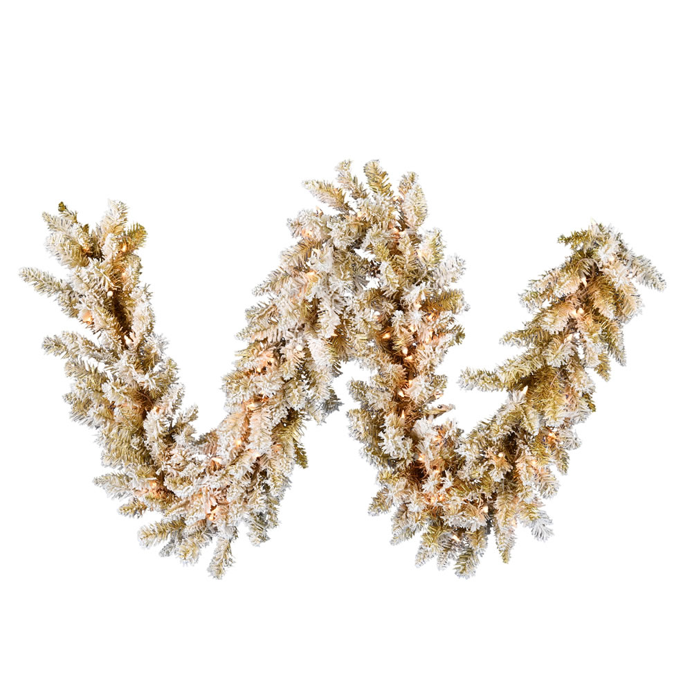 9 Foot Frosted Gold Artificial Christmas Garland - 100 DuraLit Incandescent Clear Mini Lights