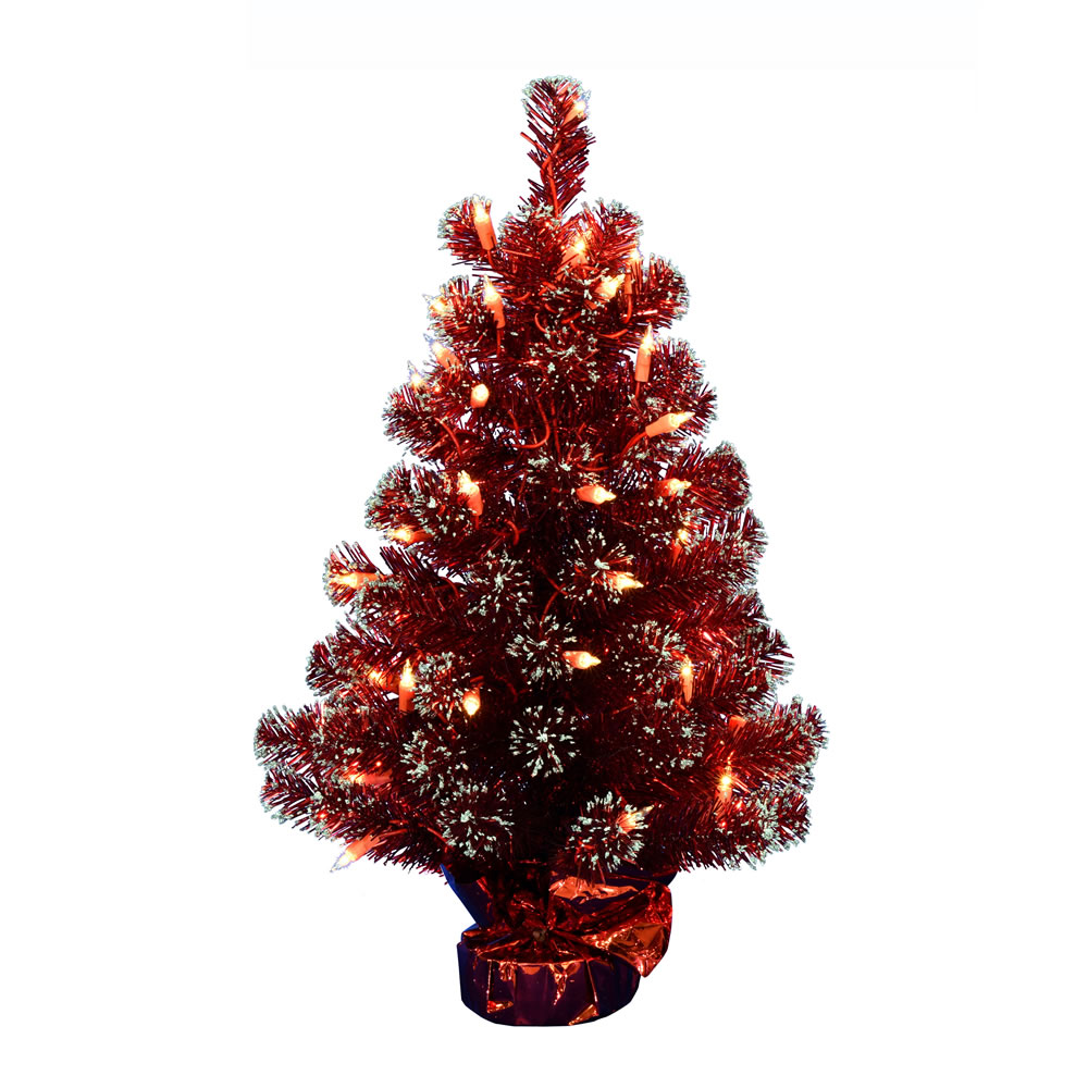 2 Foot Dark Red Tinsel Tabletop Artificial Valentines Day Tree 50 DuraLit Incandescent Clear Mini Lights