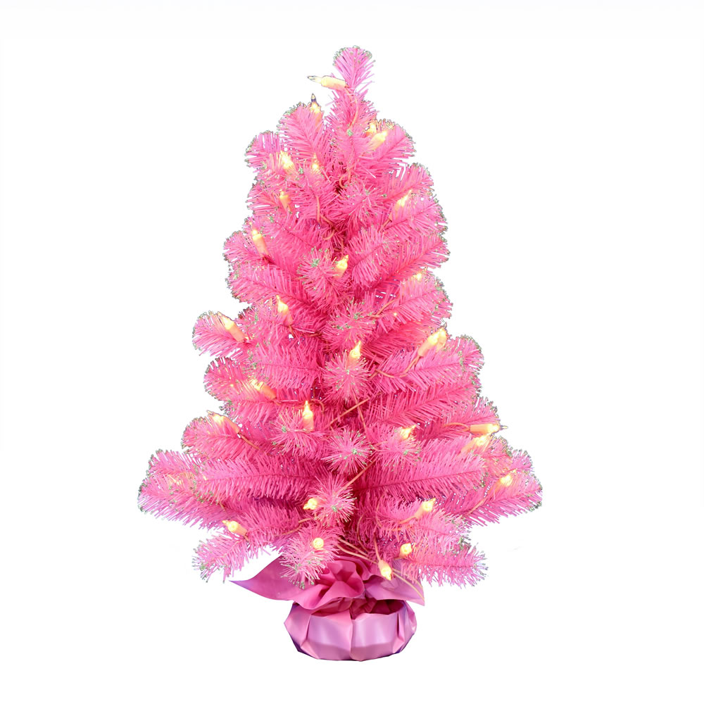 2 Foot Pink Tinsel Tabletop Artificial Valentines Day Tree 50 DuraLit Incandescent Clear Mini Lights