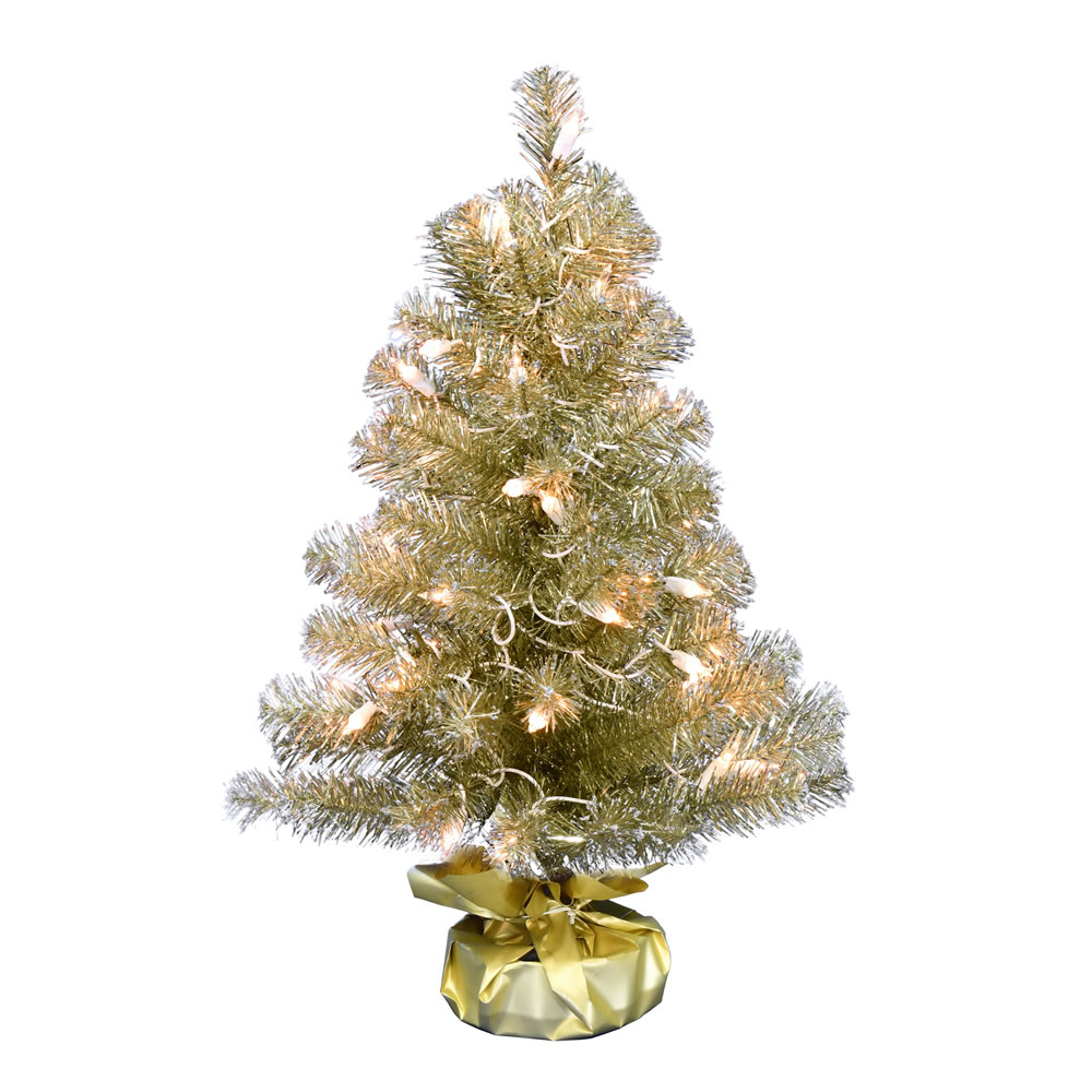 2 Foot Champagne Tinsel Tabletop Artificial Christmas Tree 50 DuraLit Incandescent Clear Mini Lights