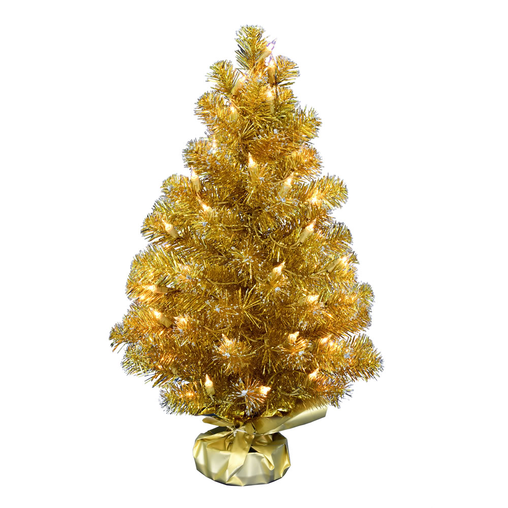 2 Foot Gold Tinsel Tabletop Artificial Christmas Tree 50 DuraLit Incandescent Clear Mini Lights
