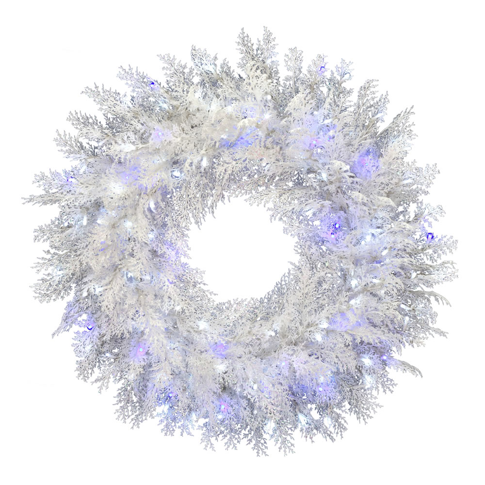 30 Inch Flocked Cedar Pine Artificial Christmas Wreath - 150 Low Voltage LED Twinkle Pure White and Blue 3MM Light