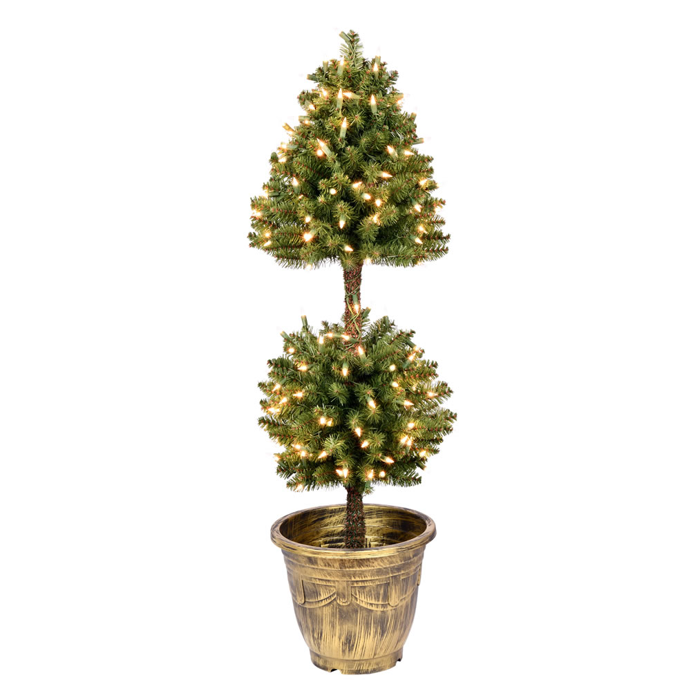 4 Foot Tifton Two Ball Potted Topiary Artificial Tree - 200 Duralit Incandescent Clear Mini Lights