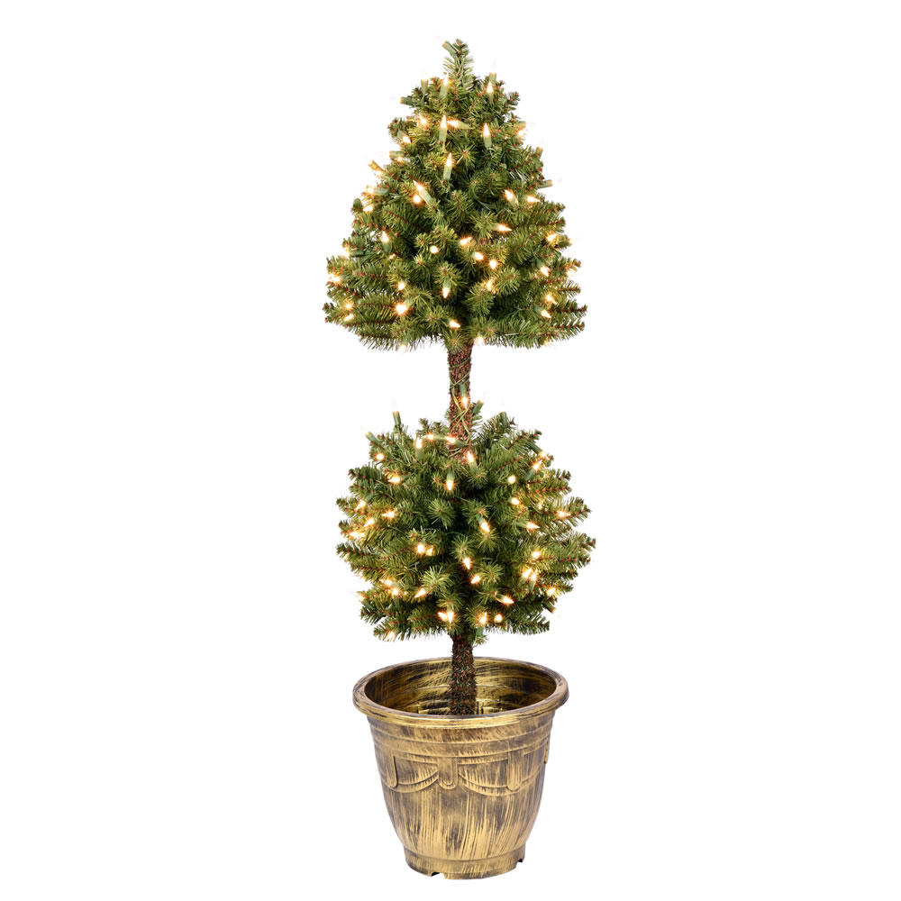 4 Foot Tifton Two Ball Potted Topiary Artificial Tree - 200 Duralit Incandescent Clear Mini Lights