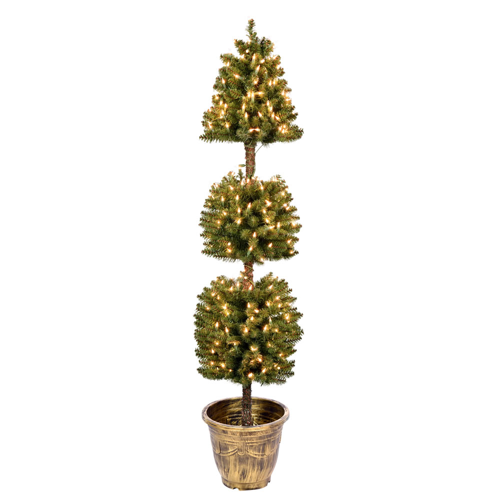 5 Foot Tifton 3 Ball Potted Topiary Artificial Tree - 300 Duralit Incandescent Clear Mini Lights
