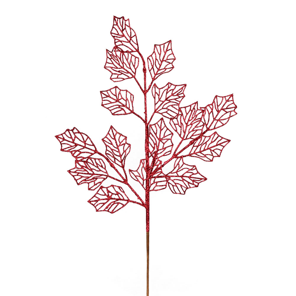 21 Inch Burgundy Glitter Holly Leaf Lace Artificial Christmas Spray - Box of 12