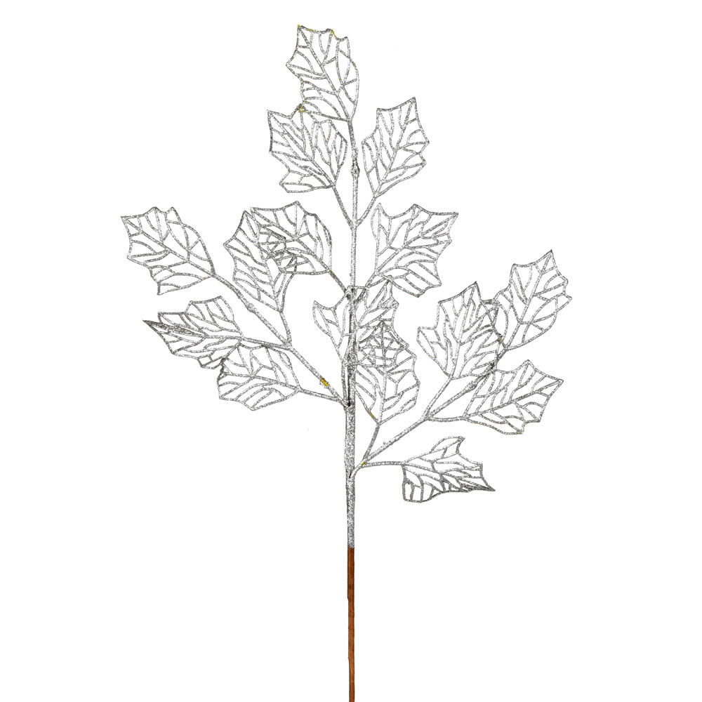 21 Inch Silver Glitter Holly Leaf Lace Artificial Christmas Spray - Box of 12