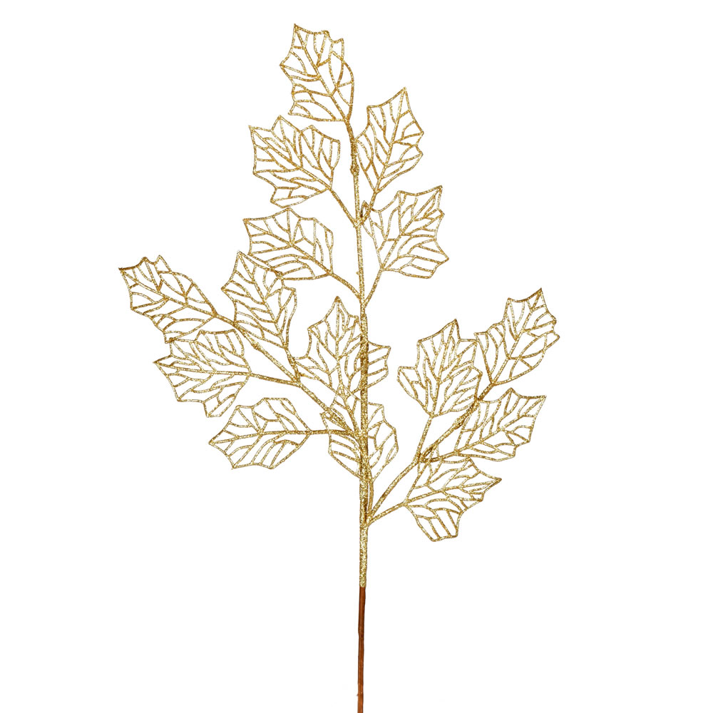 21 Inch Gold Glitter Holly Leaf Lace Artificial Christmas Spray - Box of 12
