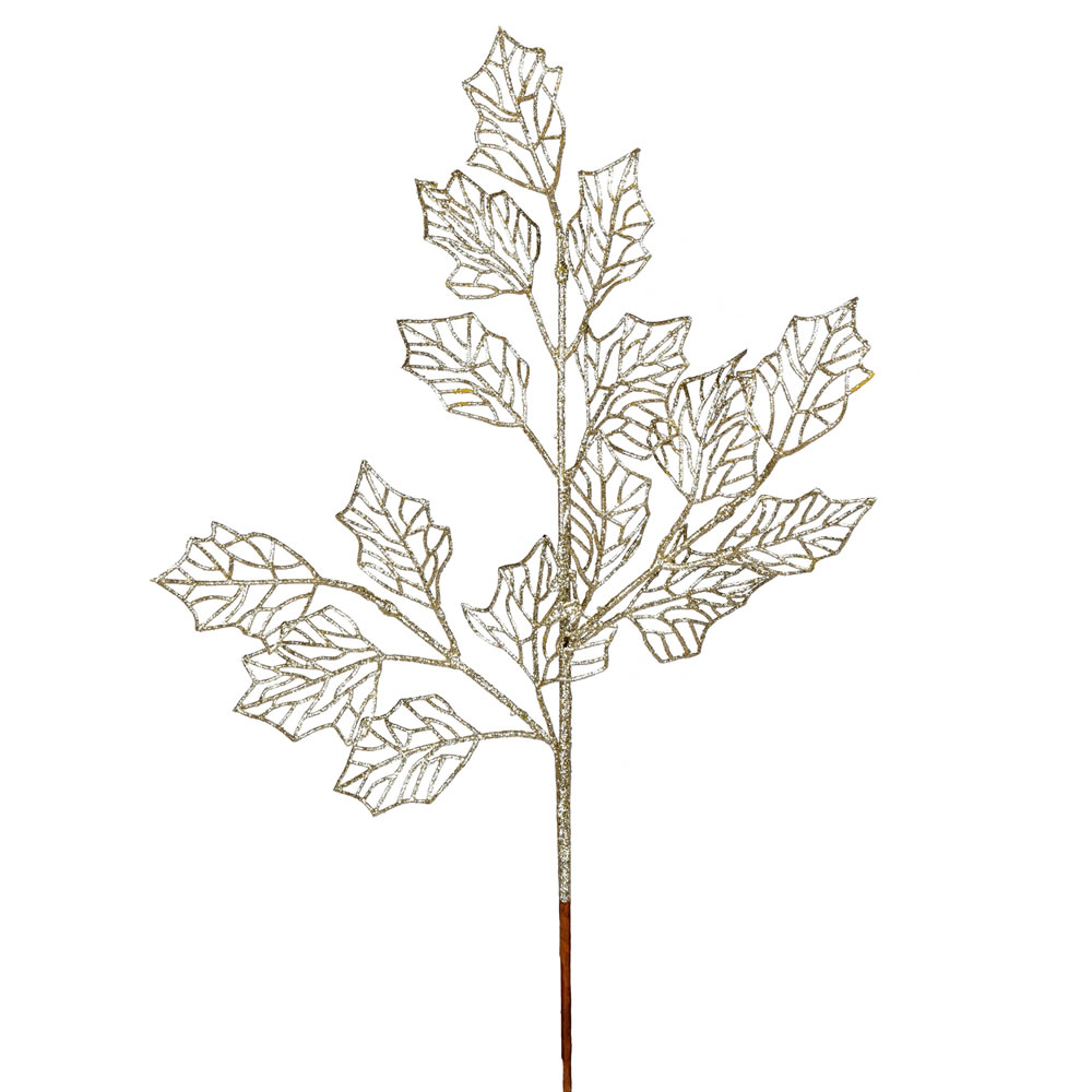 21 Inch Champagne Glitter Holly Leaf Lace Artificial Christmas Spray - Box of 12