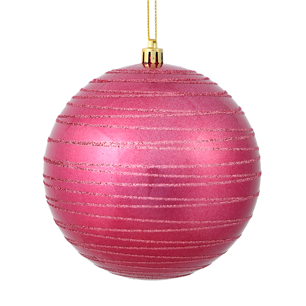 4 Inch Mauve Candy Glitter Lines Round Christmas Ball Shatterproof Ornament