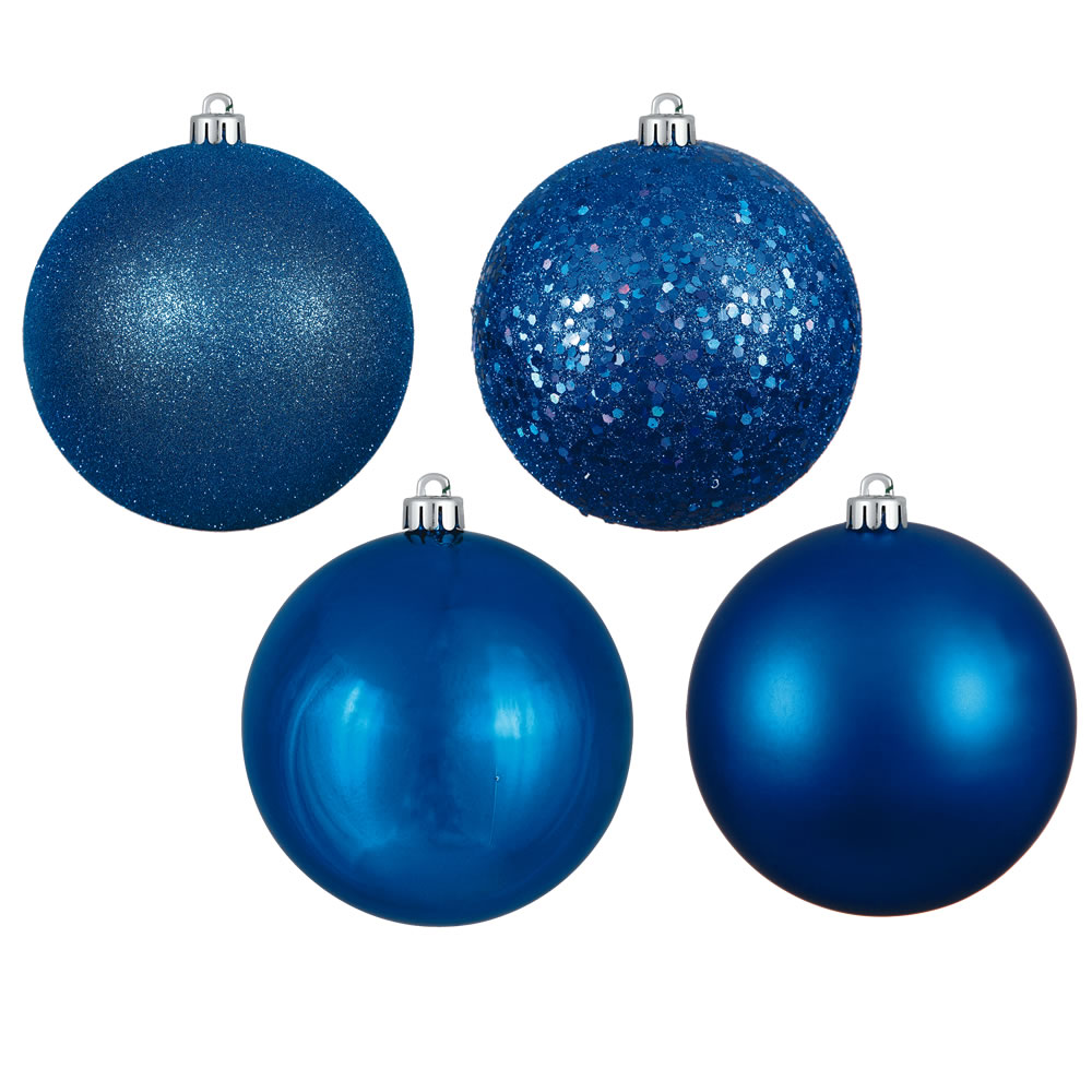 12 Inch Blue Round Christmas Ball Ornament Shatterproof Set of 4 Assorted Finishes