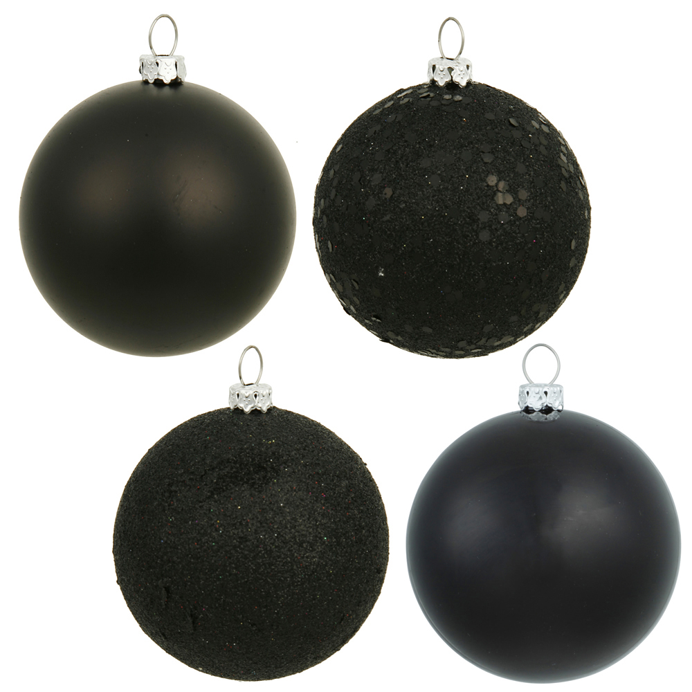 12 Inch Black Round Christmas Ball Ornament Shatterproof Set of 4 Assorted Finishes