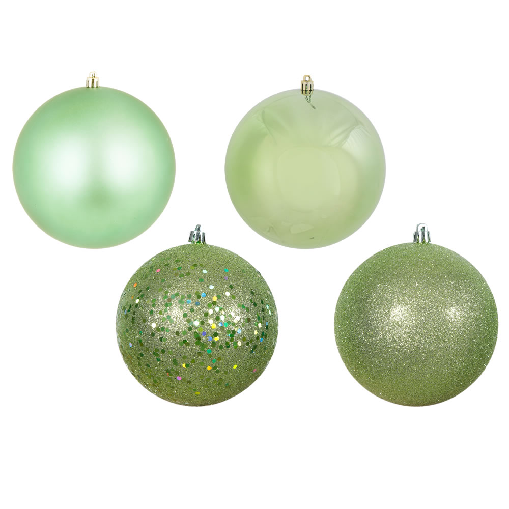12 Inch Celadon Green Round Christmas Ball Ornament Shatterproof Set of 4 Assorted Finishes