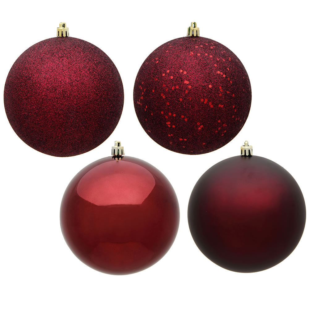 Christmastopia.com 12 Inch Burgundy Round Christmas Ball Ornament Shatterproof Set of 4 Assorted Finishes