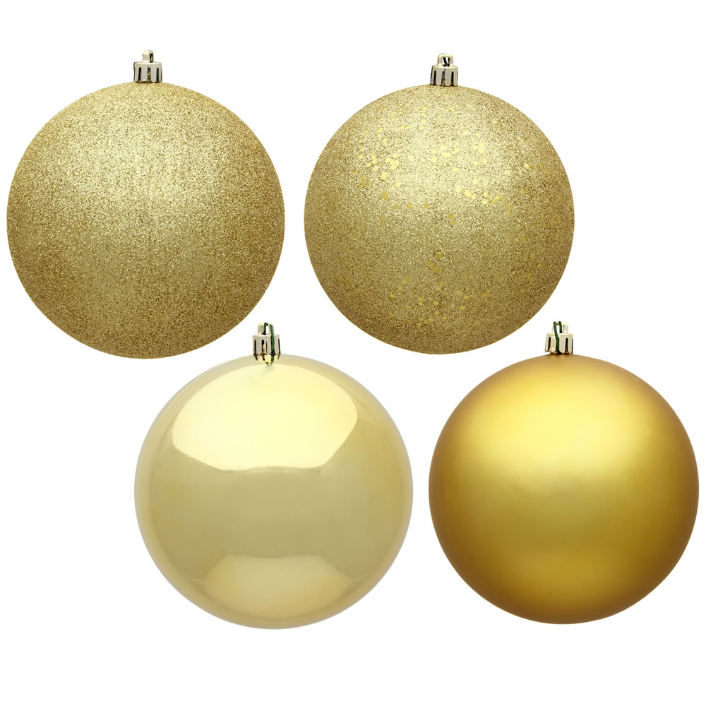 12 Inch Gold Round Christmas Ball Ornament Shatterproof Set of 4 Assorted Finishes