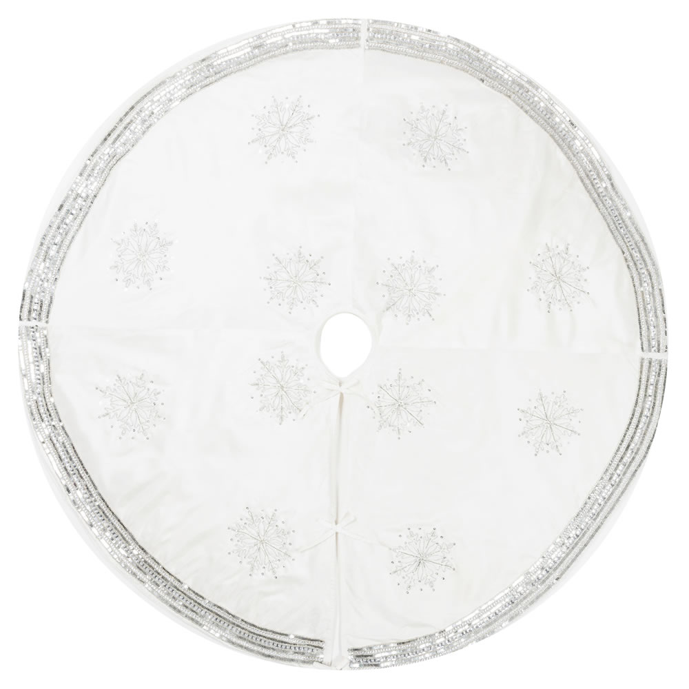 60 Inch Pure White Polysilk Dupioni Sequin Beaded Snowflake Decorative Christmas Tree Skirt
