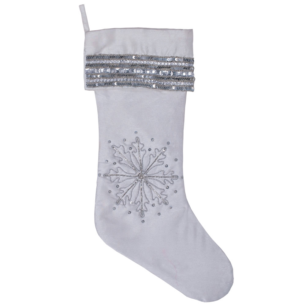 Pure White Silver Sequin Snowflake Decorative Christmas Stocking