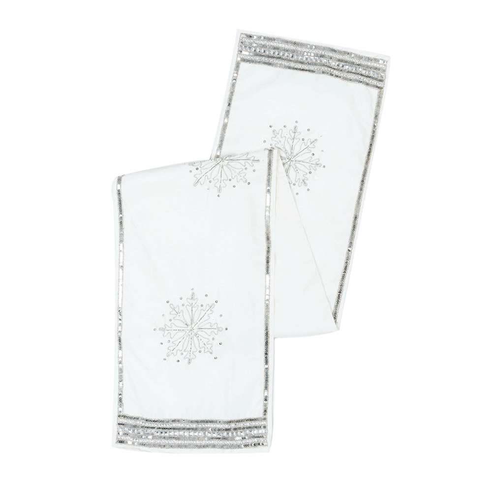 Pure White Polysilk Dupioni Sequin Beaded Snowflake Decorative Christmas Table Runner