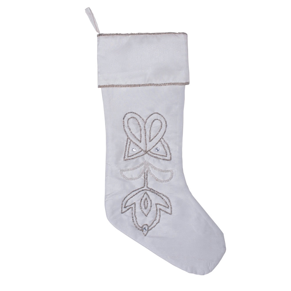 Pure White Polysilk Dupioni Silver Crystal Beaded Accent Decorative Christmas Stocking