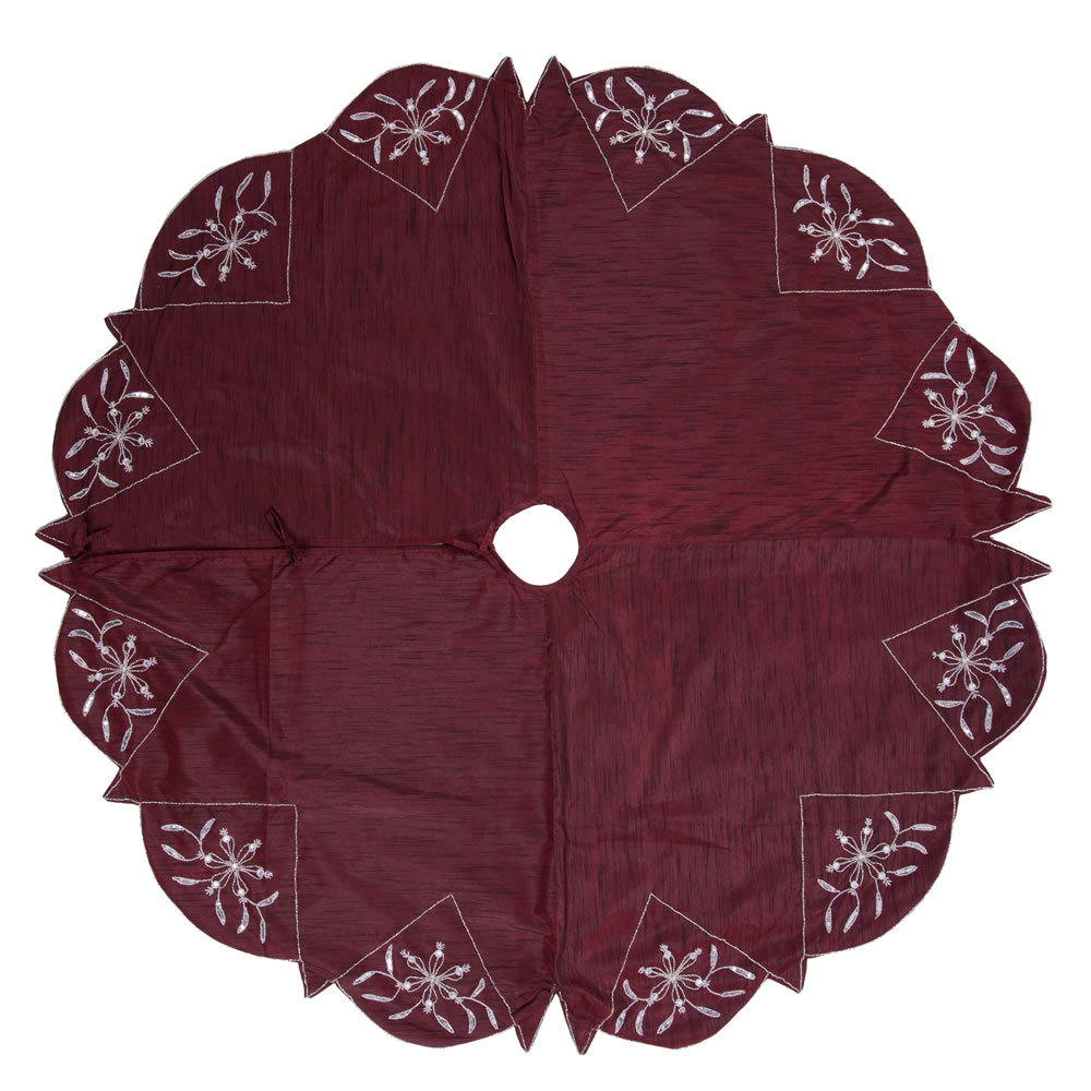 60 Inch Burgundy Polysilk Dupioni Sequin and Beaded Silver Sparkle Decorative Christmas Tree Skirt