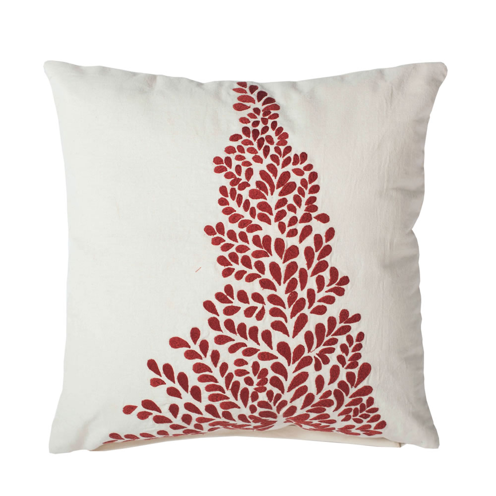 18 Inch White With Red Design Duckcloth Satin Stitch Decorative Christmas Tree Pillow