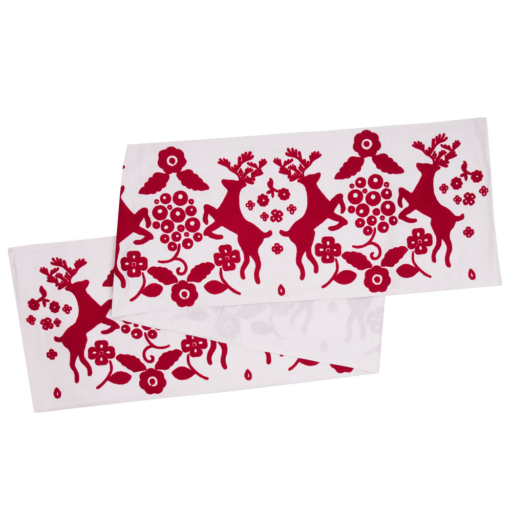 60 Inch White Red Reindeer Design Cotton Scandia Decorative Christmas Table Runner