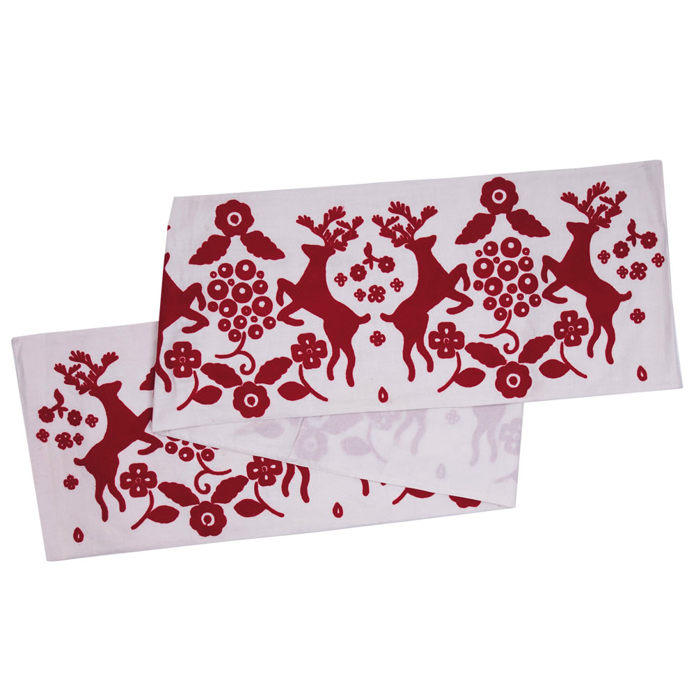 90 Inch White Red Reindeer Design Cotton Scandia Decorative Christmas Table Runner