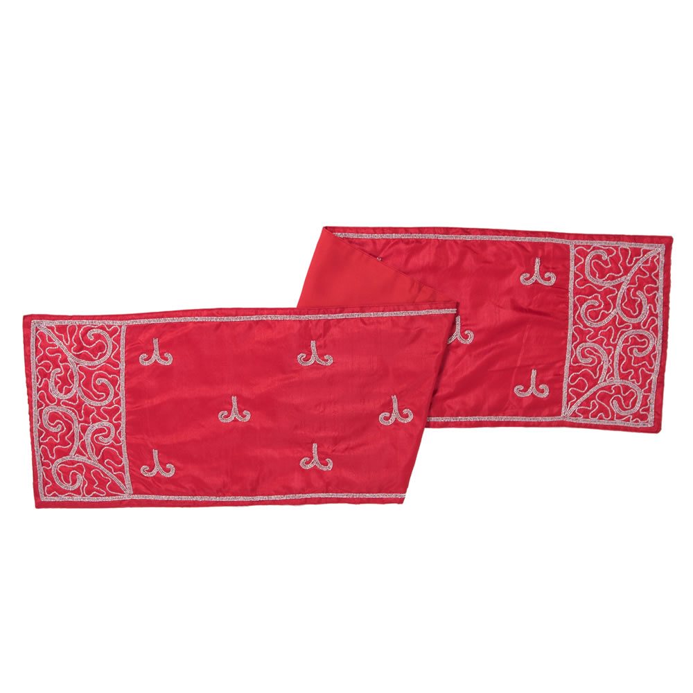 Red Polysilk Dupioni Silver Beaded Filigree Scroll Decorative Christmas Table Runner