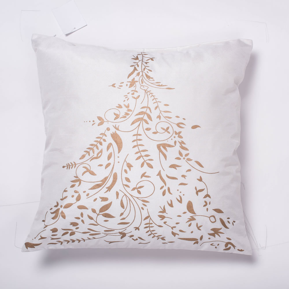 18 Inch Pure White Polysilk Dupioni With Tree Design Gold Stamped Decorative Christmas Tree Pillow