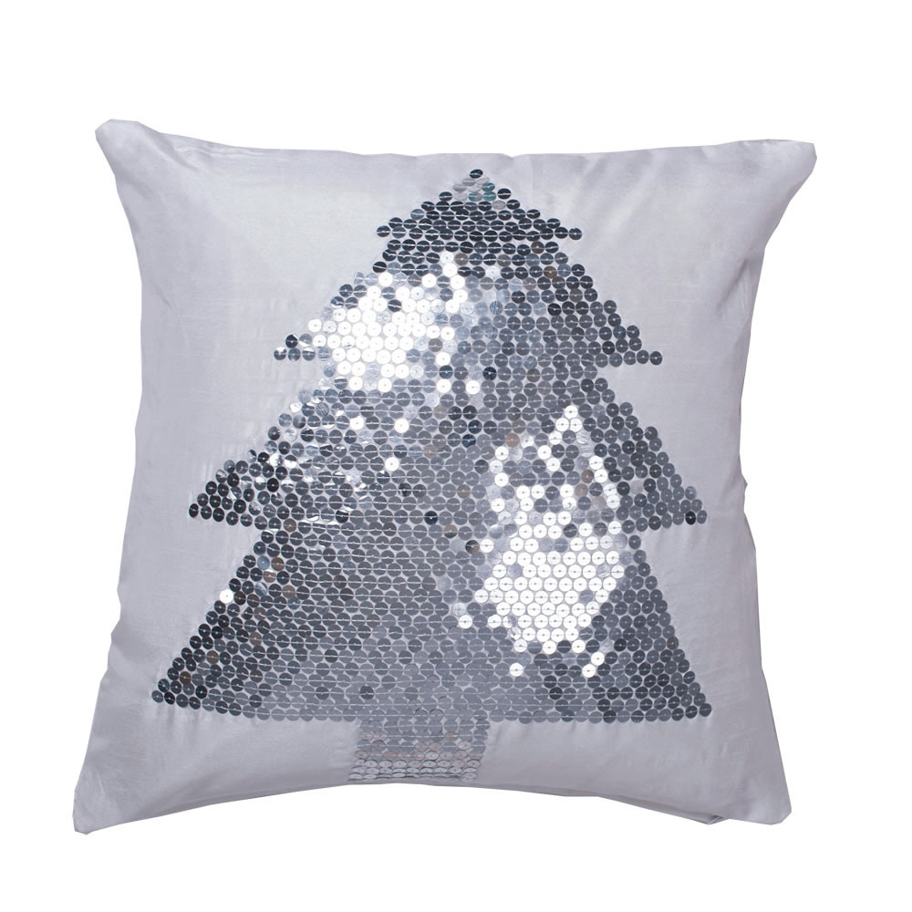 18 Inch Pure White Polysilk Dupioni With Silver Embellished Tree Sequin Decorative Christmas Tree Pillow