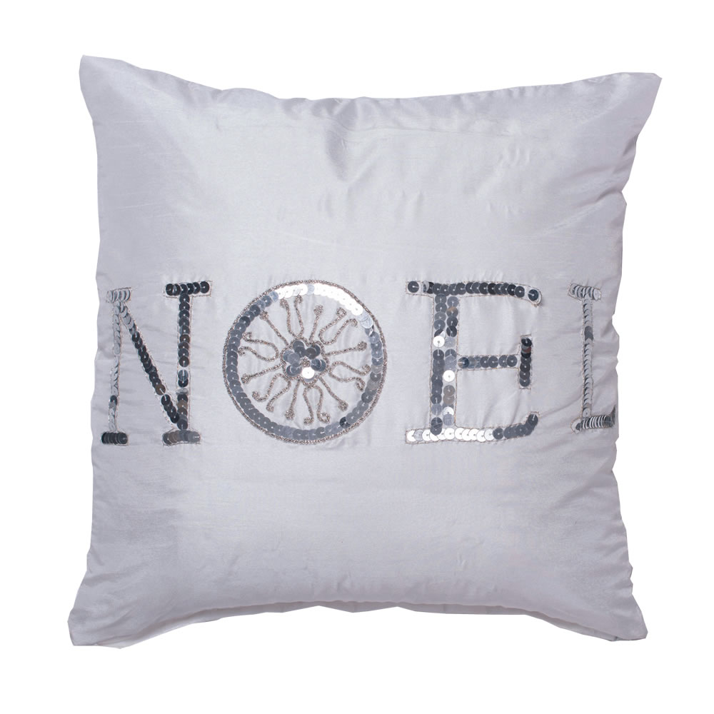 18 Inch Pure White Polysilk Dupioni Silver Sequin and Metallic Embroidered Noel Wording Sequin Decorative Christmas Pillow