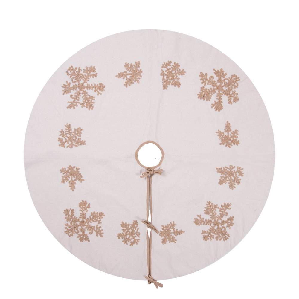 60 Inch Organic Natural Cotton Linen With Jute Rope Embroidery Falling Flakes Decorative Christmas Tree Skirt