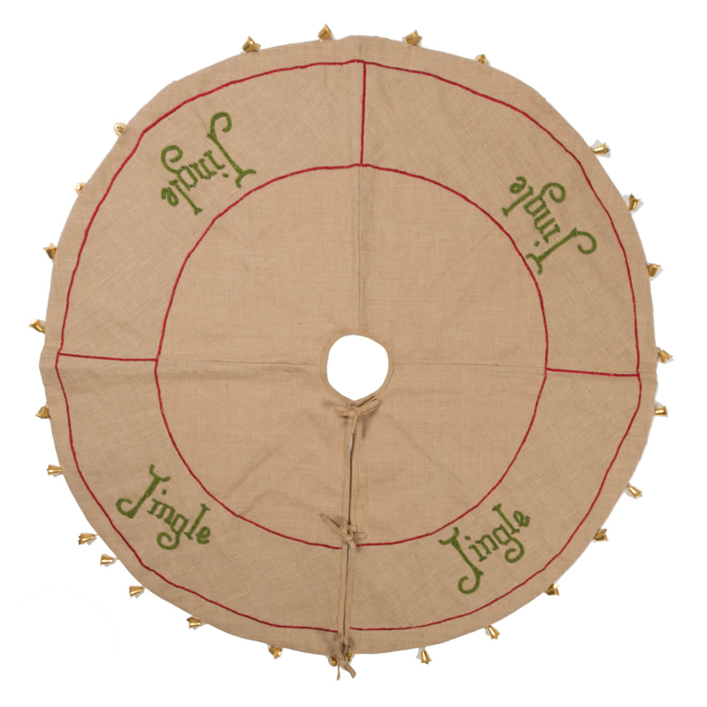 60 Inch Natural Burlap With Bead Embroidery and Bell Trim Jingle Decorative Christmas Tree Skirt