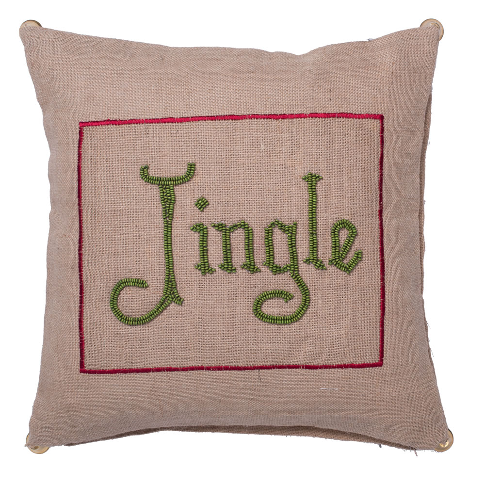18 Inch Natural Burlap With Bead Embroidery and Bell Trim Jingle Decorative Christmas Pillow
